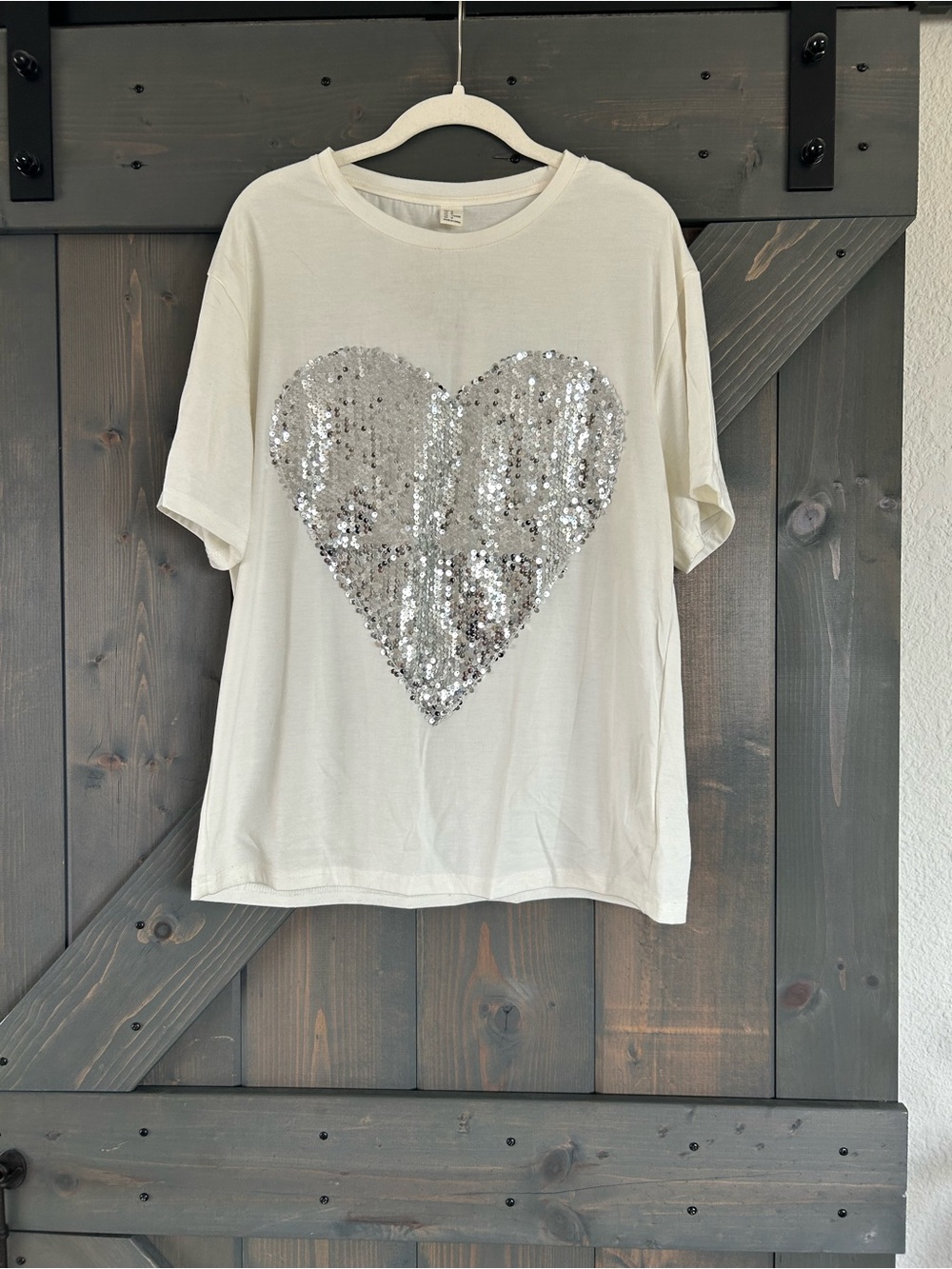 Girls' Sequin Heart Tee - Silver Heart on Cream